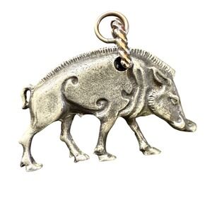 Vintage Warthog Boar Pendant Charm Necklace Pewter‎ Silver Tone Hog Animal
